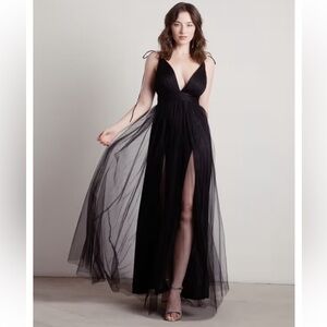 MESH DOUBLE HIGH SLIT MAXI DRESS - BLACK